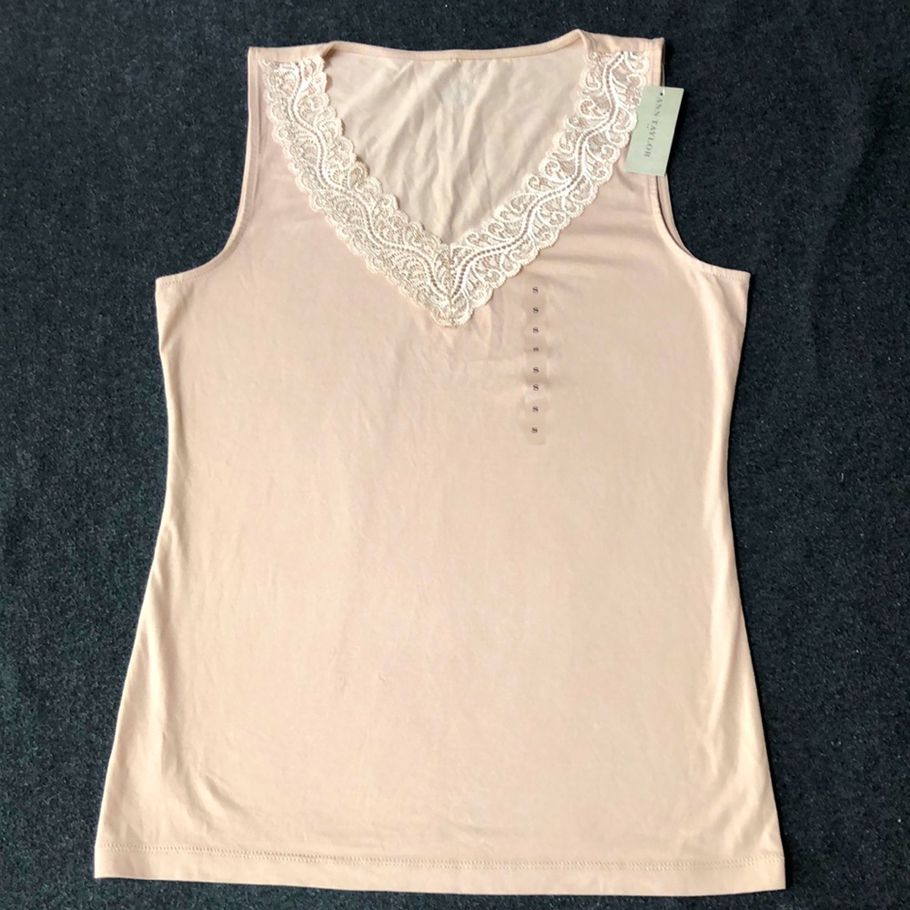 Ann Taylor Cotton Blend Lace V-Neck Sleeveless Tank Top Dusty Pink Size S